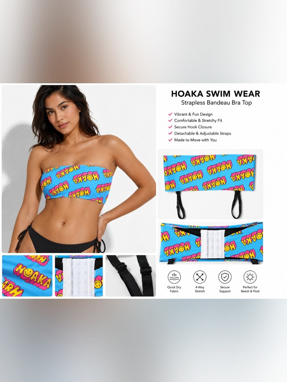Hoka Women's Strapless Bandeau Swim Top — Blue with Yellow & Pink Logo
